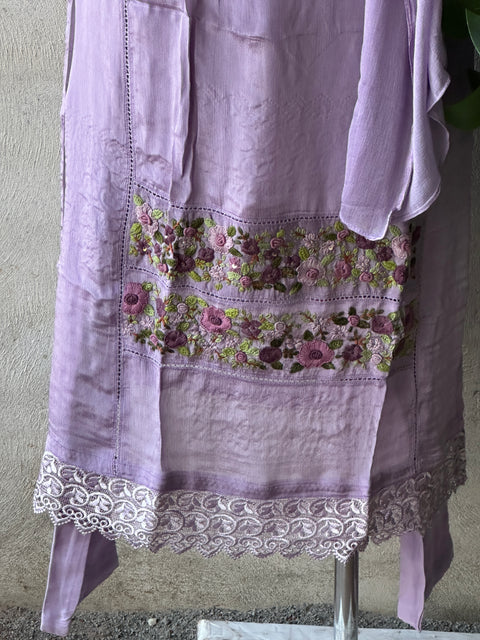 Lavender Lace and emb kurti pant set