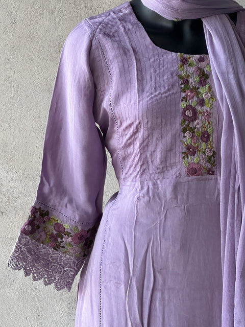 Lavender Lace and emb kurti pant set