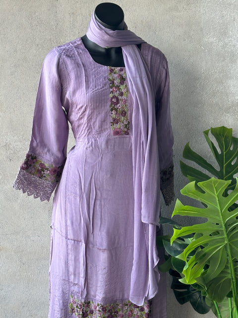 Lavender Lace and emb kurti pant set