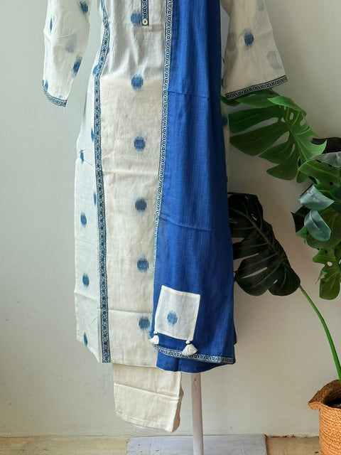White/Blue Handloom pure cotton suit set