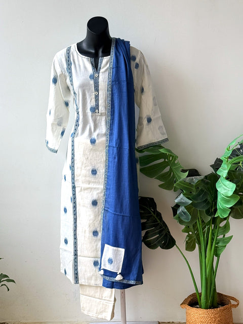 White/Blue Handloom pure cotton suit set