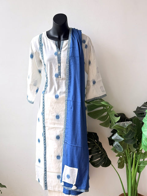 White/Blue Handloom pure cotton suit set