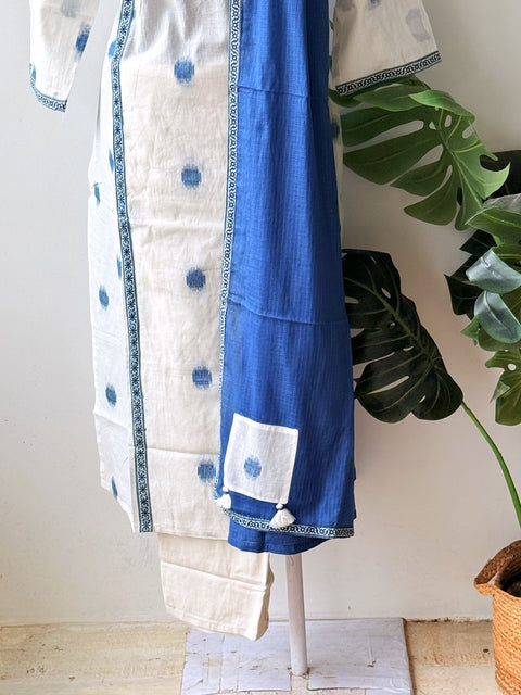 White/Blue Handloom pure cotton suit set