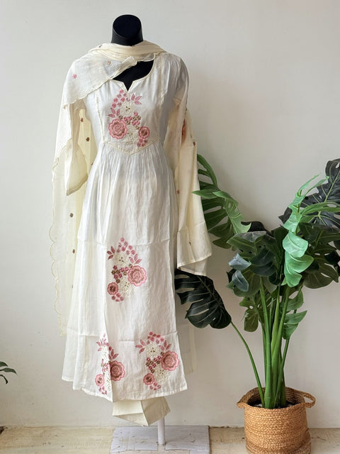 Neck emb modal chanderi silk suit set