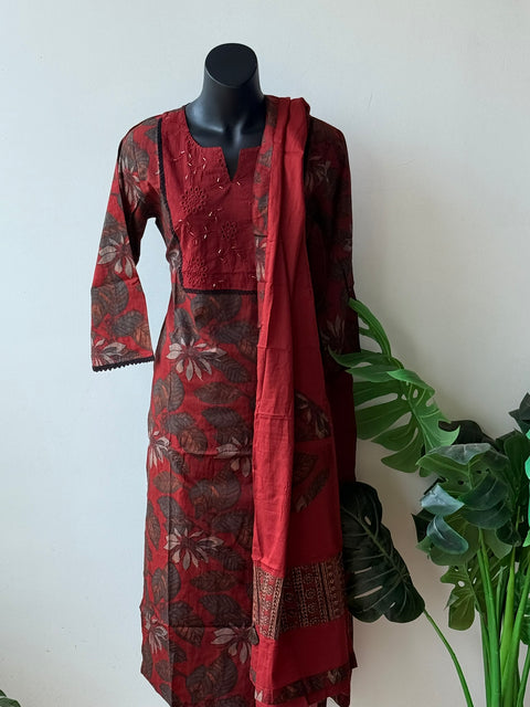 Maroon ajrakh printed cotton suit set