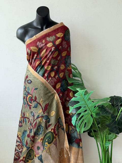 Red Pen kalamkari silk saree