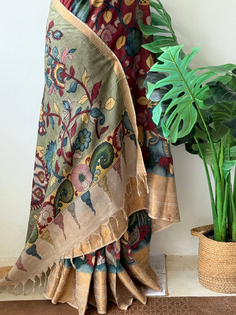 Red Pen kalamkari silk saree