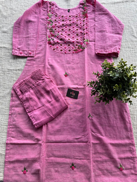 Pink Hand emb cotton kurti pant
