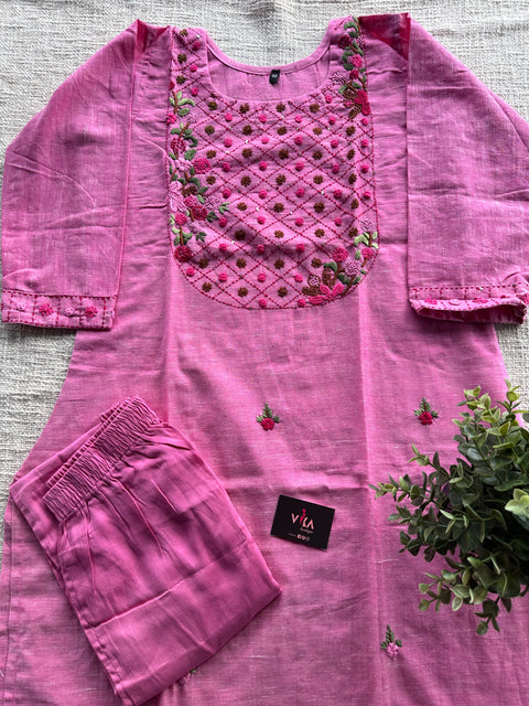 Pink Hand emb cotton kurti pant