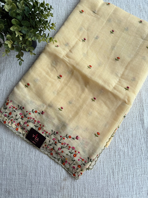 Bhoti machine emb linen cotton saree-Yellow