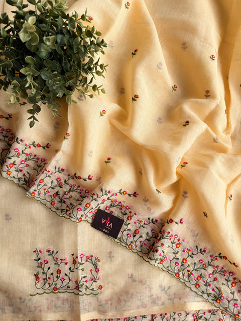 Bhoti machine emb linen cotton saree-Yellow