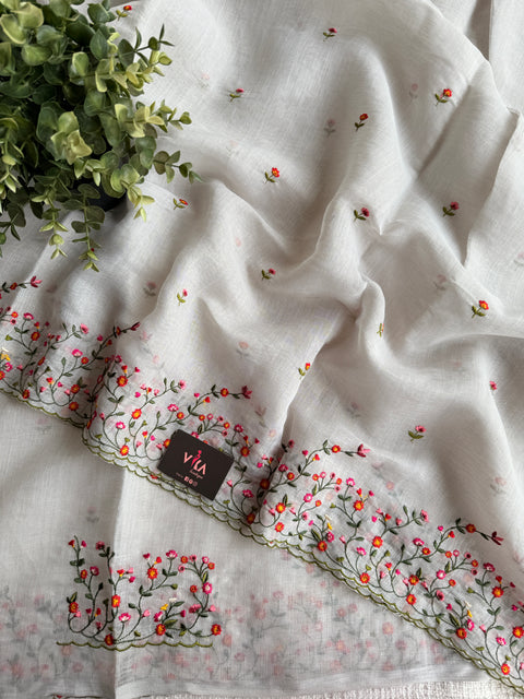 Bhoti machine emb linen cotton saree-Grey