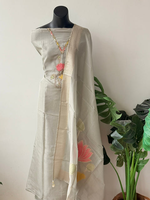 Floral emb Tissue silk suit material