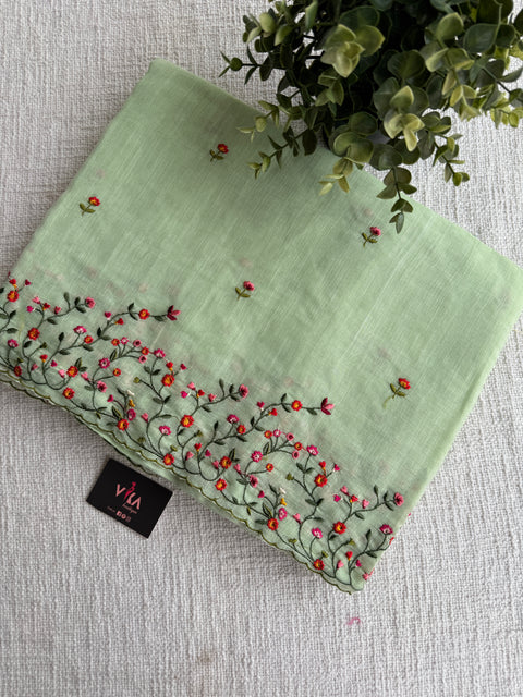 Bhoti machine emb linen cotton saree-Green