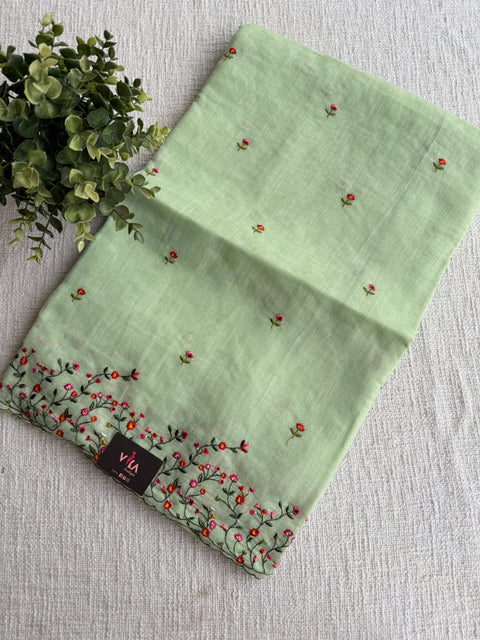 Bhoti machine emb linen cotton saree-Green