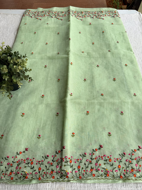 Bhoti machine emb linen cotton saree-Green