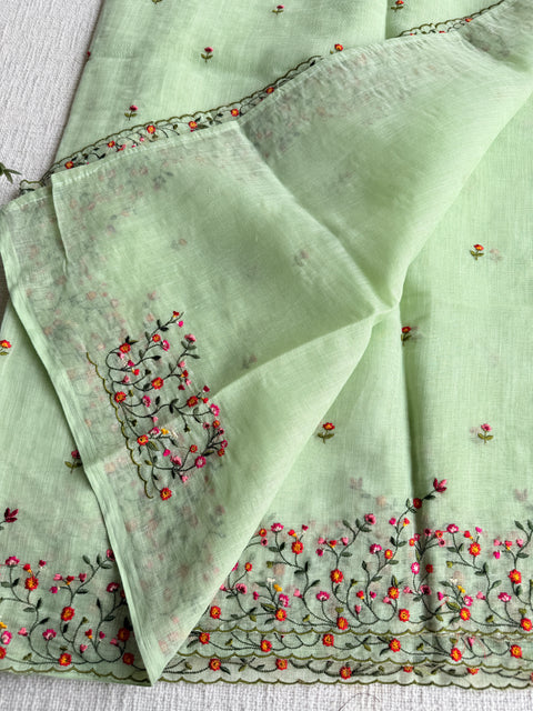 Bhoti machine emb linen cotton saree-Green