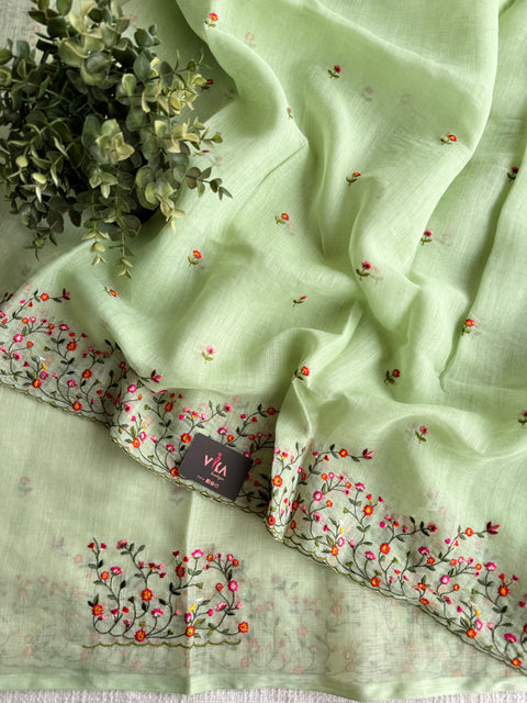 Bhoti machine emb linen cotton saree-Green