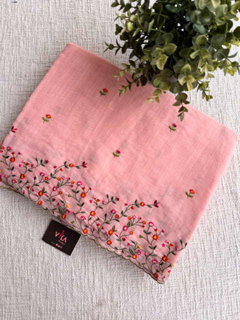 Bhoti machine emb linen cotton saree-Peach