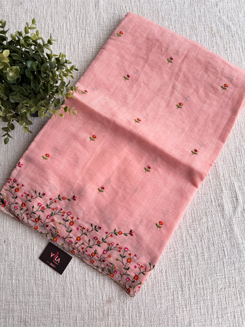 Bhoti machine emb linen cotton saree-Peach