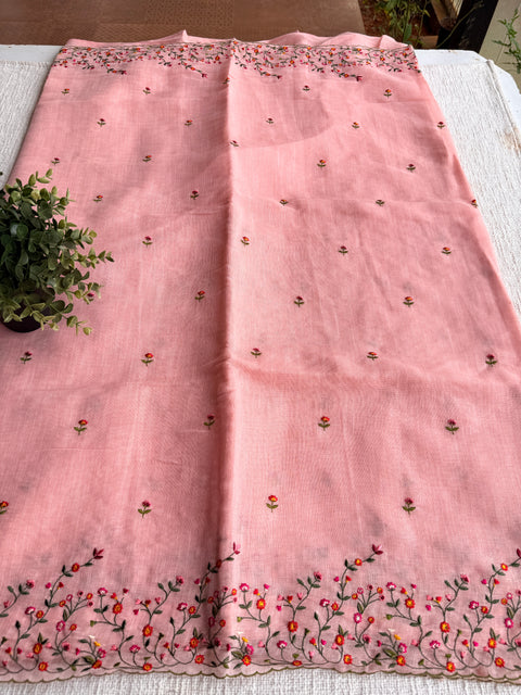 Bhoti machine emb linen cotton saree-Peach