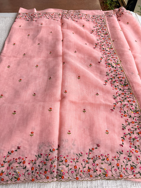 Bhoti machine emb linen cotton saree-Peach