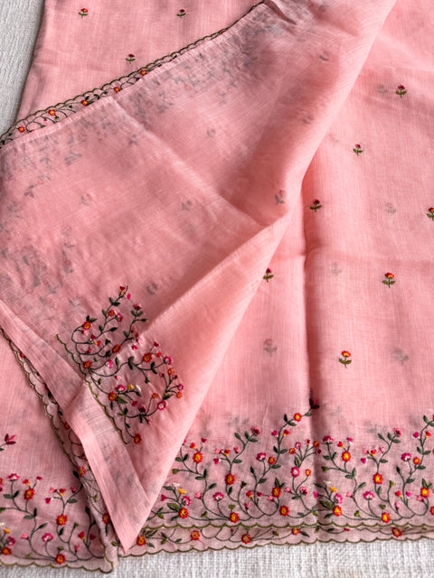 Bhoti machine emb linen cotton saree-Peach