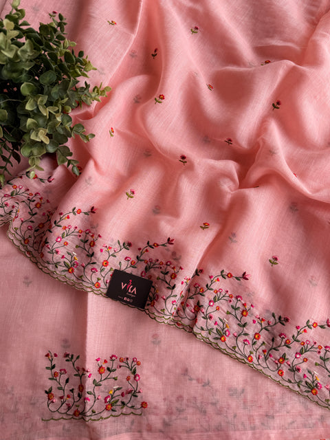 Bhoti machine emb linen cotton saree-Peach