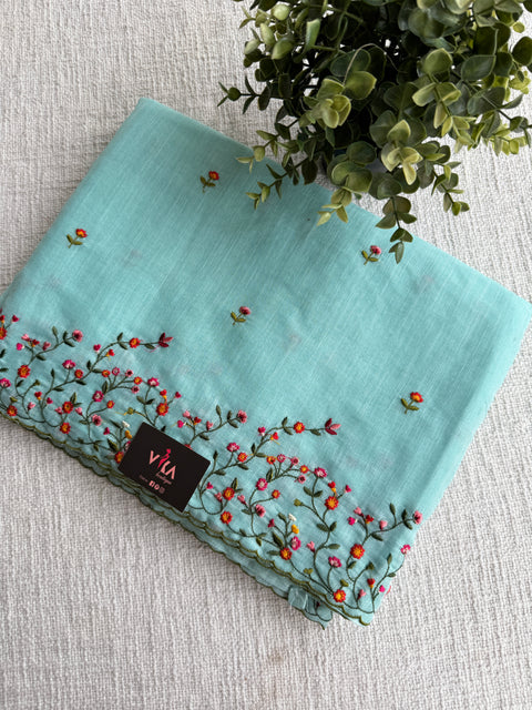 Bhoti machine emb linen cotton saree-Blue