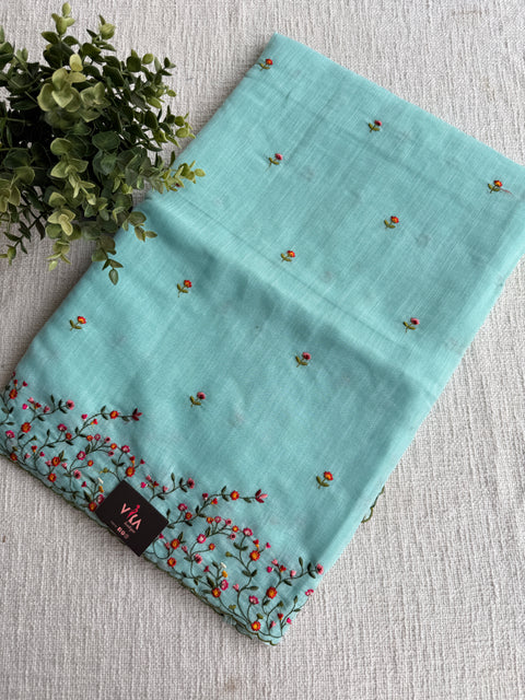 Bhoti machine emb linen cotton saree-Blue