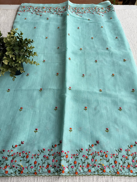 Bhoti machine emb linen cotton saree-Blue