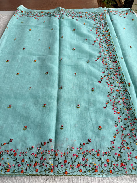 Bhoti machine emb linen cotton saree-Blue