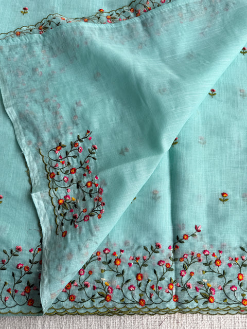 Bhoti machine emb linen cotton saree-Blue