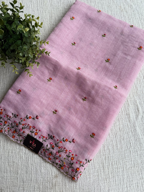 Bhoti machine emb linen cotton saree-Pink