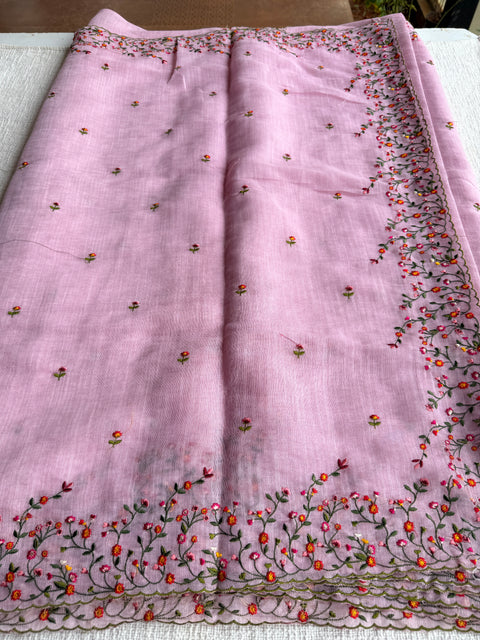 Bhoti machine emb linen cotton saree-Pink
