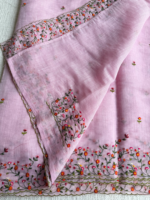Bhoti machine emb linen cotton saree-Pink