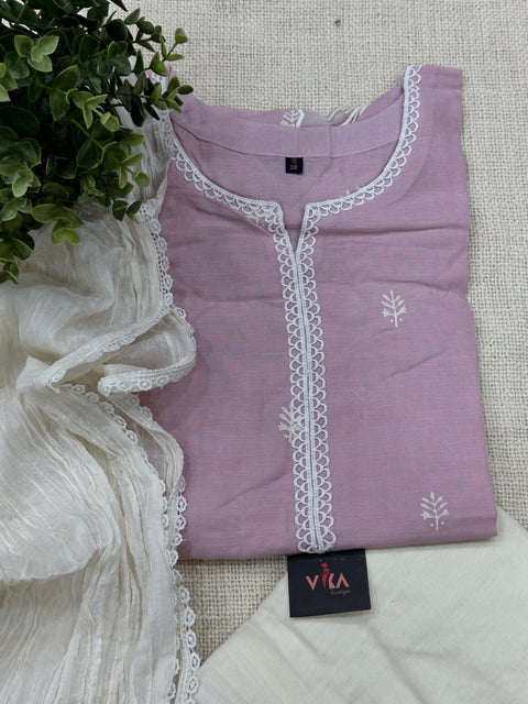 Readymade Lace work cotton kurta pant set - Pink