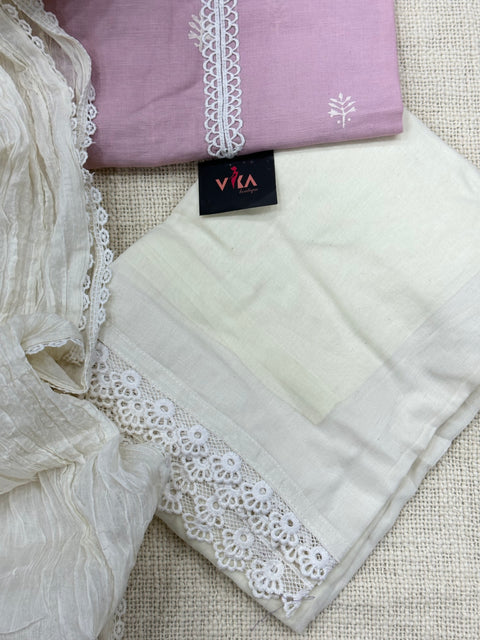 Readymade Lace work cotton kurta pant set - Pink
