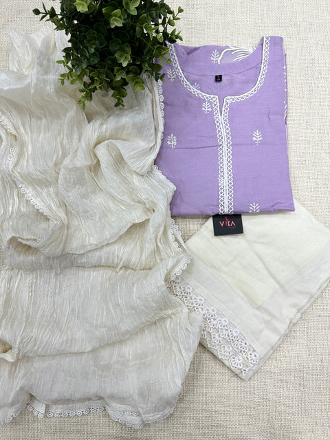Readymade Lace work cotton kurta pant set - Lavender