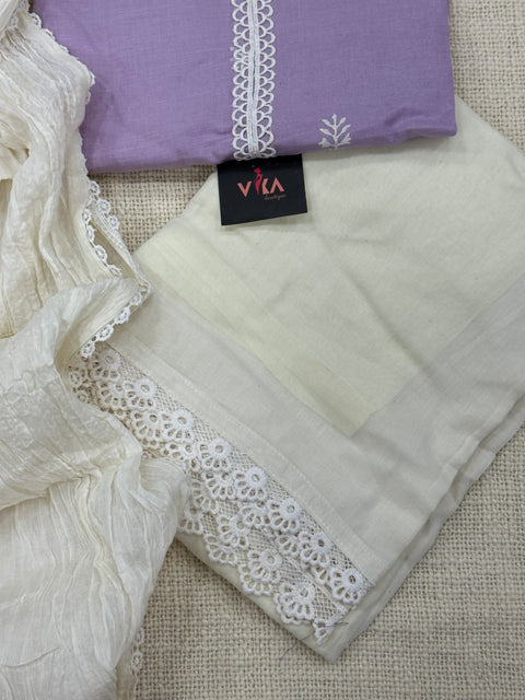 Readymade Lace work cotton kurta pant set - Lavender