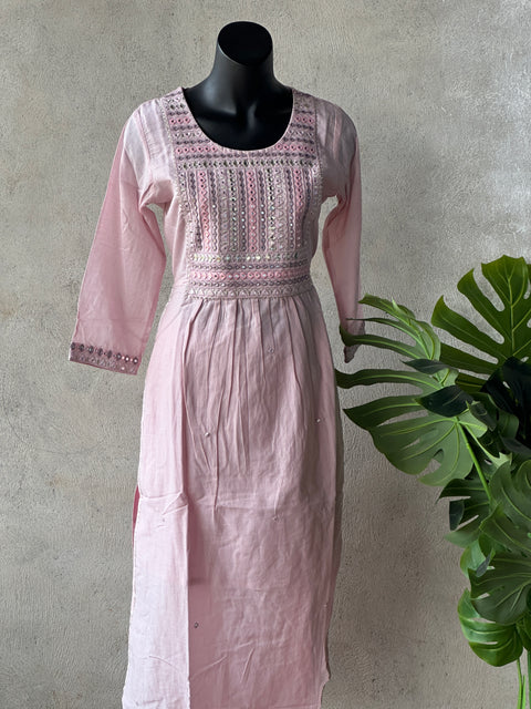 Baby Pink neck work cotton kurti pant