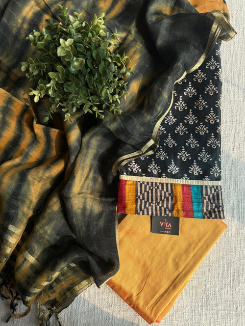 Tussar silk top with linen dupatta set