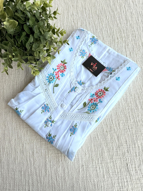 L size poly cotton emb nighty - white