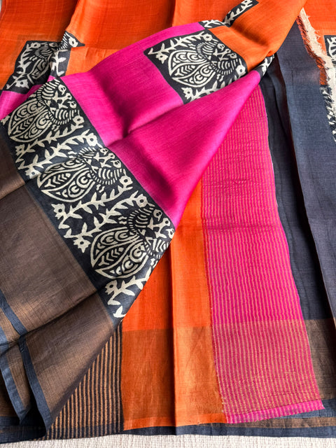 Printed tussar silk saree