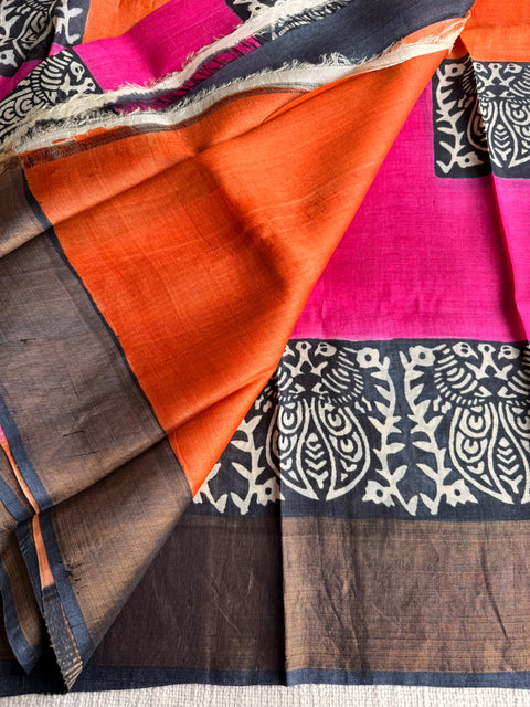 Printed tussar silk saree