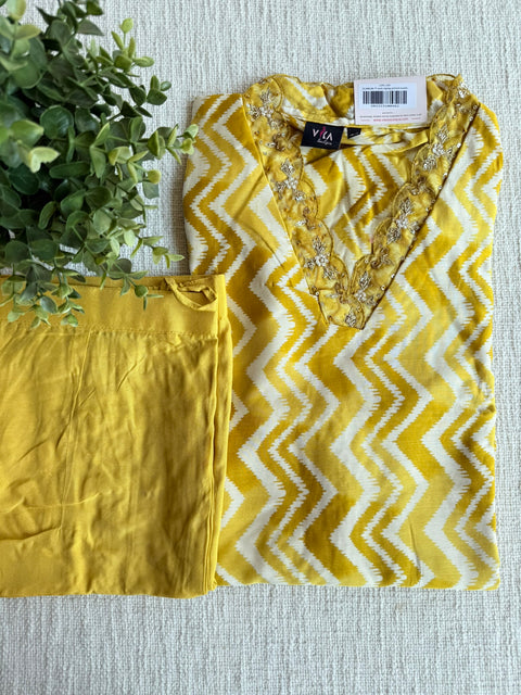 V neck zigzag printed muslin ready kurti pant