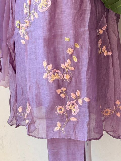 Lavender mul chanderi emb suit set