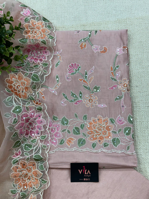 Emb Roman silk unstitched suit material - Pink