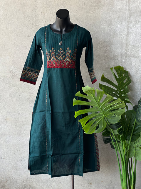 Applique dark green pure cotton kurti