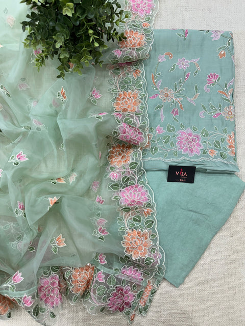 Emb Roman silk unstitched suit material - Green